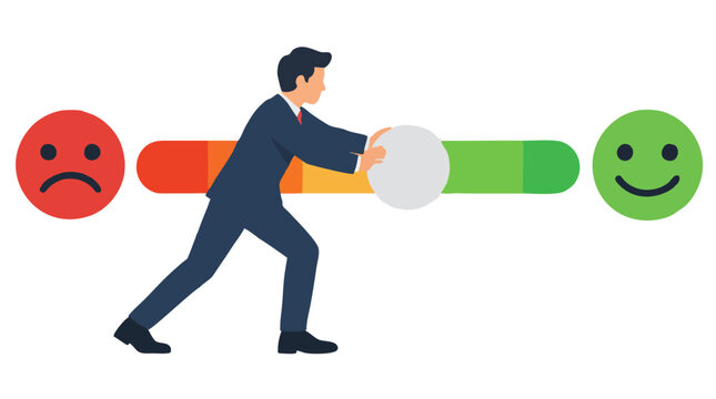 Businessman in suit pushing slider on satisfaction scale bar from sad red face to happy green face, concept of customer feedback, mood improvement and positive business progress illustration