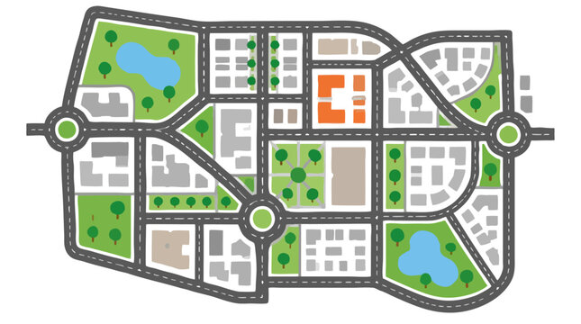 Flat vector city street map with roads, intersections, roundabouts, parks, lakes and building blocks, top view urban town plan in simple bold colors for navigation and travel planning design