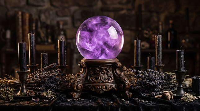 Halloween Mystical glowing purple crystal ball on ornate bronze stand surrounded by burning black candles and dried lavender bundles on dark velvet table in gothic room.