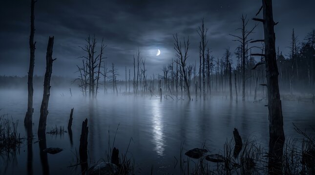 Halloween Spooky swamp at night with glowing crescent moon reflecting on calm water surface surrounded by eerie bare dead tree trunks rising from thick low hanging fog.
