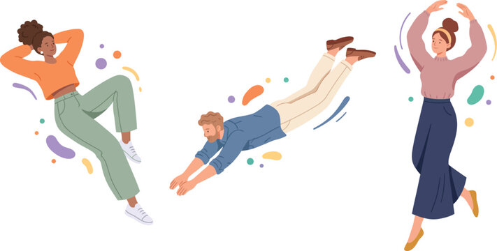 Three Happy People Floating Relaxing Jumping with Colorful Abstract Shapes Flat Illustration
