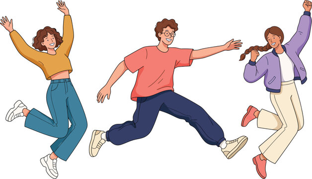 Three Happy Young Friends Jumping Together with Raised Arms in Casual Outfits Flat Illustration