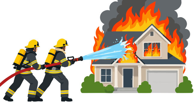Two brave firefighters in yellow helmets spraying powerful water jet from hose onto raging flames engulfing burning suburban house with thick smoke, bold flat vector illustration isolated on white