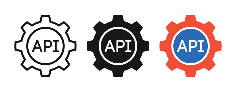API Icons: A set of three stylized icons representing Application Programming Interface (API) within gear shapes, symbolizing integration and connectivity in technology.