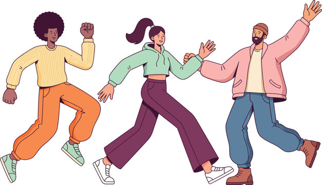 Three Happy Young Friends Walking Together Giving High Five in Casual Outfits Flat Illustration