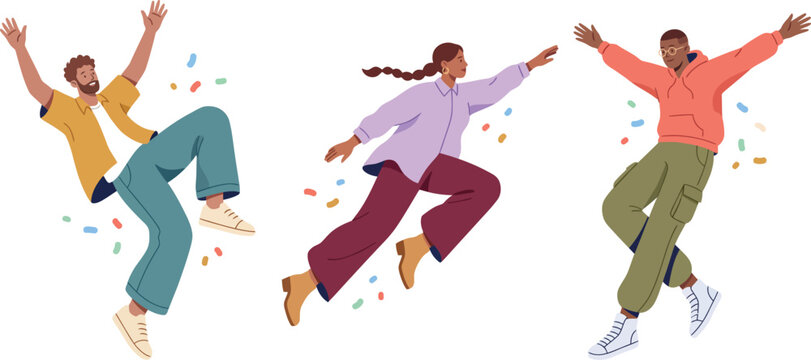 Three Joyful People Jumping With Raised Arms Among Colorful Confetti Flat Illustration