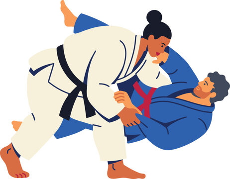 Two Judo Fighters Performing Throw Wearing White and Blue Uniforms Flat Illustration