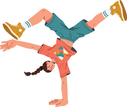 Young Girl Performing One Handed Handstand Wearing Orange T-Shirt Teal Shorts Flat Illustration