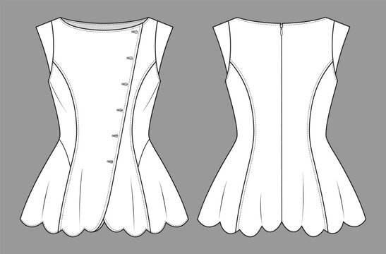 Women's Sleeveless Peplum Top Technical Flat Sketch Front Back View Scalloped Hem