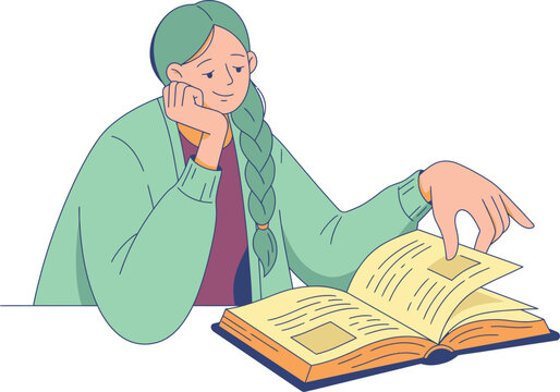 Young Woman with Green Braid Reading Open Book Resting Chin on Hand Flat Illustration