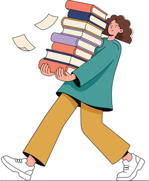 Young Woman Carrying Tall Stack of Books While Walking Wearing Teal Sweater Flat Illustration