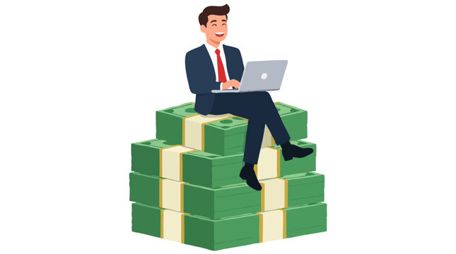 Cheerful businessman in blue suit smiling while working on laptop sitting atop tall stack of bundled green banknotes symbolizing wealth, profit, success and financial growth vector illustration