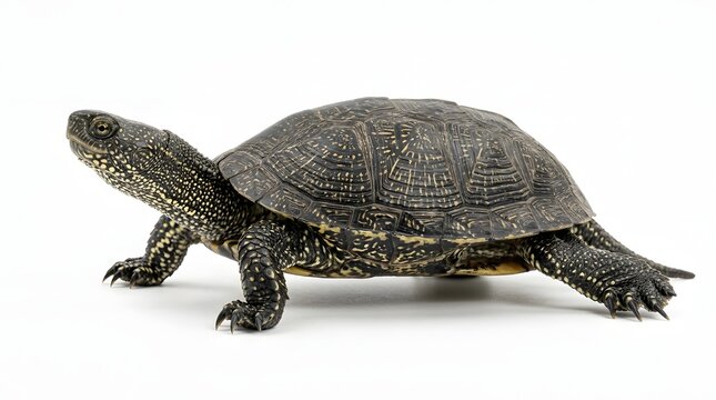 European Pond Turtle (Emys orbicularis) Side View Isolated on White Background - Reptile Wildlife and Nature Concept