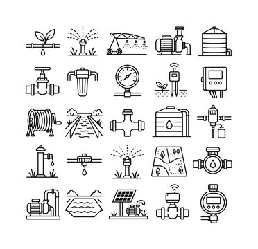 Farm Irrigation Systems &mdash; line icon set, create 25 clean outline icons in a 5x5 layout showing drip line, sprinkler, pivot irrigation, pump, water tank, irrigation valve, filter, pressure gauge, soil