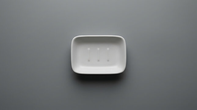 Minimalist White Ceramic Soap Dish Centered on a Clean Solid Grey Background Showing Modern Bathroom Accessories