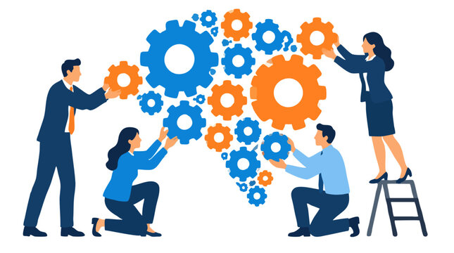 A small group of diverse business people teamwork connecting colorful blue and orange gear cogs forming human brain shape symbolizing collaboration innovation and collective intelligence