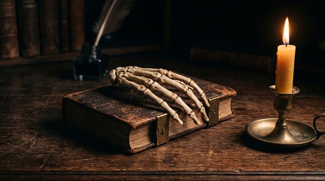 Halloween Skeletal hand rests on an ancient leather bound book next to a burning yellow candle on a rustic wooden table evoking spooky gothic witchcraft themes.