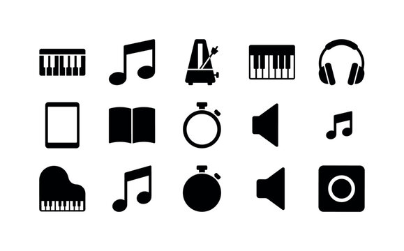Piano Learning Tools, solid glyph icon set featuring piano keyboard, music note, metronome, chord chart, headphones, lesson tablet, sheet music, practice timer, audio speaker and recording button,