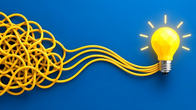 Multiple yellow wires untangling into single glowing lightbulb representing teamwork synergy and brainstorming complex business ideas