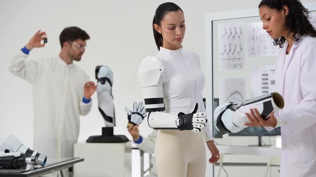 Engineer holds up a small component while a woman wearing a white robotic prosthetic arm tests the hand and a colleague carries an extra prosthetic arm piece