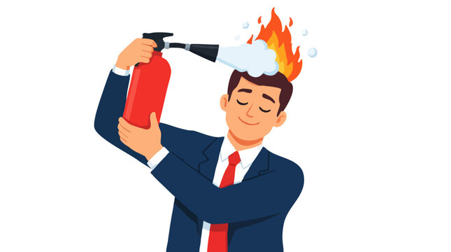 Smiling businessman in blue suit using red fire extinguisher to put out flames burning on his head symbolizing stress relief burnout management and mental clarity calm concept illustration