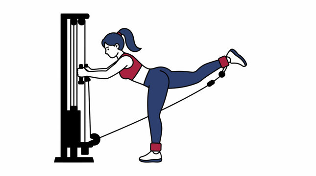 A woman performing a cable kickback exercise in a gym, focusing on glute strength and toning. She is wearing athletic apparel and ankle weights, demonstrating proper form with a cable machine