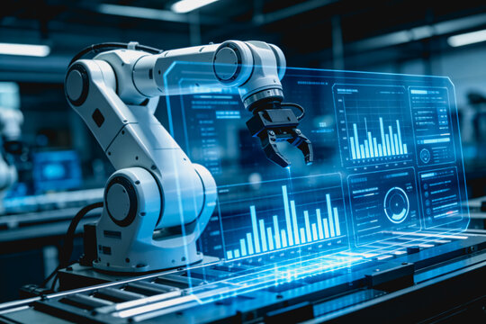 An industrial robotic arm operates alongside a holographic data visualization interface in a modern smart factory for automated manufacturing.