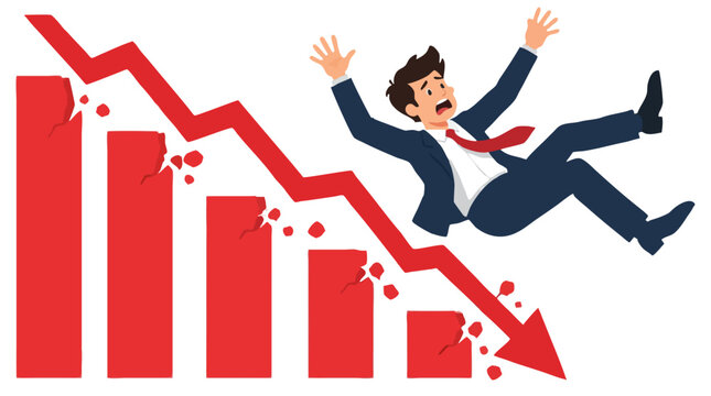 Cartoon panicked businessman in suit falling down beside crumbling red descending bar chart with arrow showing financial crash, loss, recession and business failure concept on white background