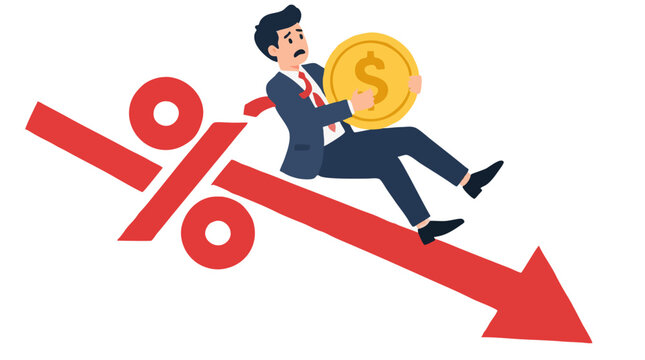 Worried businessman holding gold dollar coin sliding down red falling percentage arrow symbolizing decreasing interest rates, inflation loss and financial crisis on white background concept