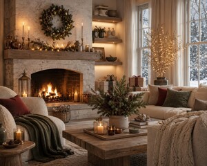 Obraz premium Cozy Christmas living room with fireplace, wreath, glowing lights