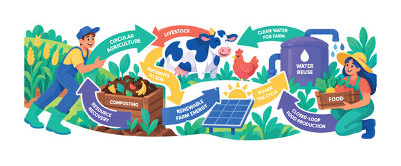 Obraz premium Circular Agriculture Economy — bright colorful flat vector banner, create 1 banner scene with 3 expressive stylized farm characters interacting with oversized circular arrows connecting crop field,