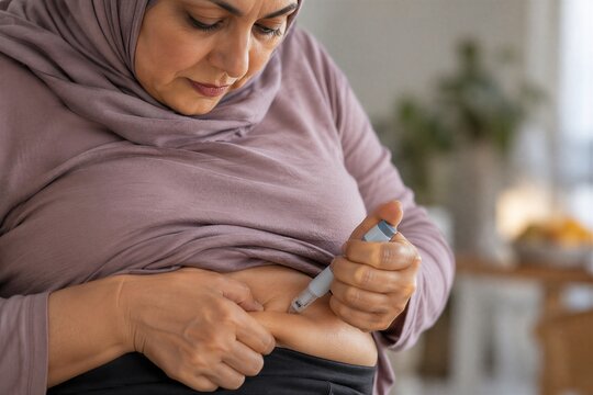 Middle Eastern woman self-injecting semaglutide for diabetes and obesity treatment, demonstrating daily subcutaneous medication administration for chronic disease management.