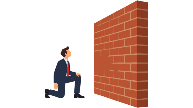 Businessman kneeling on one knee looking up at tall red brick wall obstacle concept, business challenge barrier problem flat vector illustration on white background isolated corporate struggle