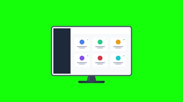 Animated Computer Monitor Displaying Dashboard Interface on Green Screen Background.