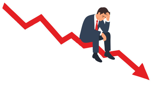 Depressed businessman in suit sitting on plunging red downward arrow graph, holding head in despair over financial loss, recession, bankruptcy and stock market crash concept vector illustration