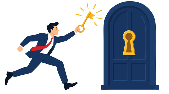 Confident businessman in navy suit sprinting toward giant blue door with golden keyhole, holding glowing golden key aloft symbolizing business opportunity, success and solution unlocking