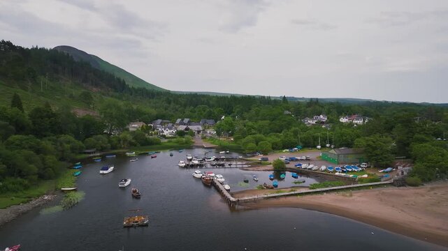 Balmaha village and marina from a drone, Loch Lamond, Scotland, UK