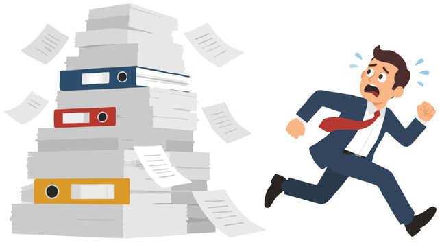 Frightened businessman in suit running away in panic from huge towering stack of paperwork folders and flying documents, overload stress deadline concept flat vector illustration isolated on white