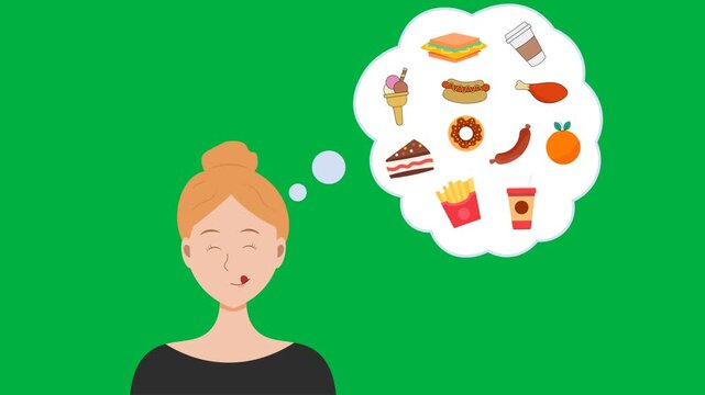 Medical vector animation displaying a young woman daydreaming about high-calorie binge foods in a thought bubble, highlighting bulimia nervosa, anorexia nervosa, binge eating disorder, compulsive over