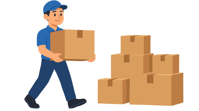 Happy delivery courier in blue uniform carrying cardboard parcel box walking near stacked packages, flat vector illustration for shipping logistics ecommerce distribution service on white background