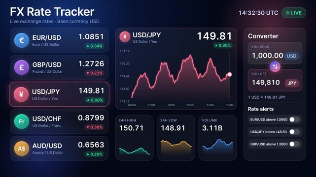 Live Forex Exchange Rate Tracker Dashboard Displaying Fluctuating Currency Pairs and Financial Data Charts