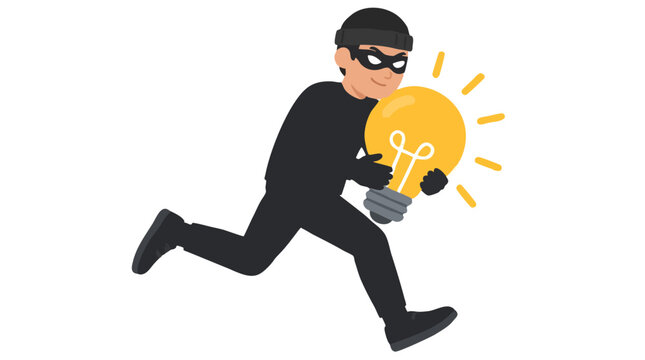 Masked thief in black clothes running away with stolen glowing yellow lightbulb clutched in hands, idea theft plagiarism intellectual property concept in flat cartoon vector illustration