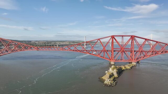 Inch Garvie Castle from a drone, Forth Bridge, Queensferry Crossing, Forth Estuary, Scotland, United Kingdom