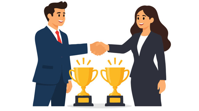 Flat vector illustration of two happy business partners shaking hands over two golden trophy cups in celebration representing successful win-win partnership deal and teamwork achievement