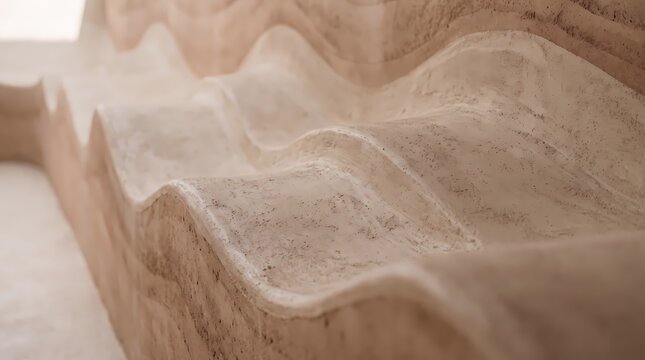 Natural earth pigments and limestone layers form these winding geological strata which evoke the peaceful flow of ancient terrain sculpted by wind and time within this unique architectural