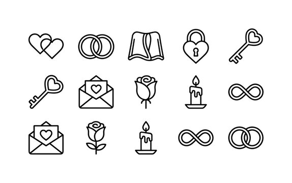 Close Couple Affection, line icon set featuring intertwined hearts, double ring, shared blanket, heart lock, heart key, love letter, rose, candle, infinity symbol and linked circles, covering romantic