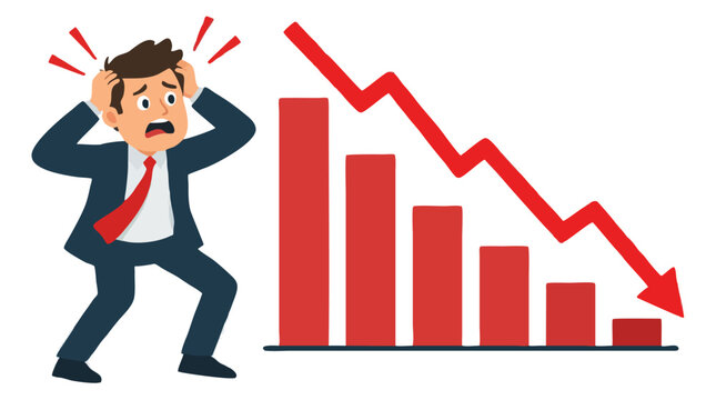 Panicked businessman in suit holding head in despair watching falling red bar chart with declining arrow graph symbolizing stock market crash, financial crisis and business loss concept