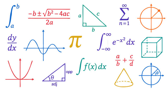 Colorful math formulas and geometric shapes on grid paper background with integral symbols, quadratic equation, pi, triangles, graphs, cube, cone for science education and calculus design