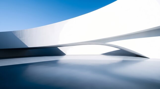 Sunlight illuminates the expansive curved architectural structures of a futuristic building hall featuring polished reflective flooring surfaces under a bright clear sky during a calm spring