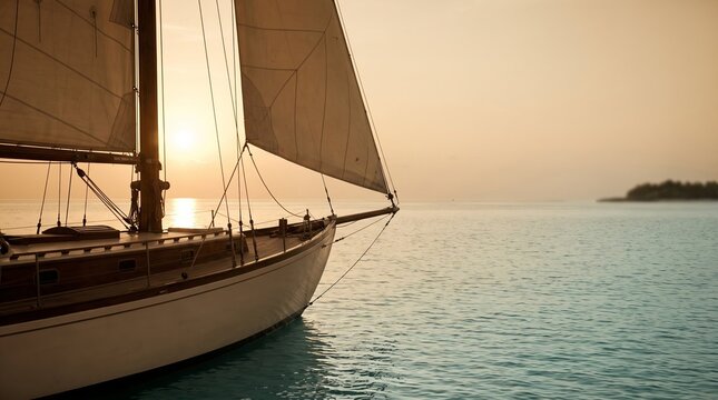 Yacht sailing across calm ocean waters beneath a descending sunset, peaceful maritime scenery